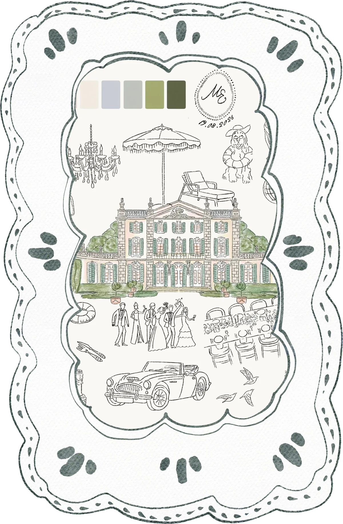 The château wedding illustration set in a scalloped frame