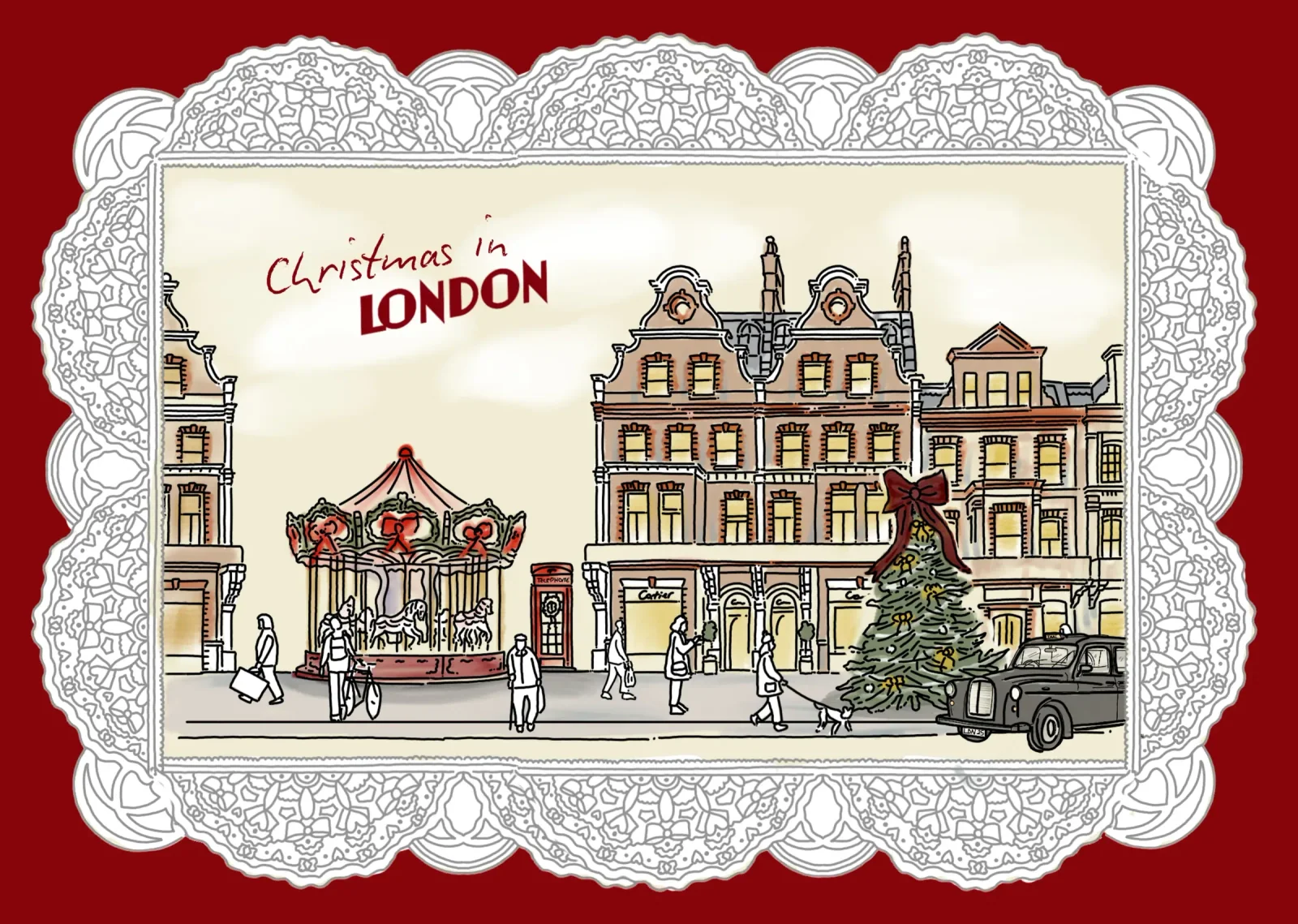 Christmas in London, drawn by hand: a carousel, a red telephone box, a tree with a bow and a black cab on a street of lit windows, inside a lace border