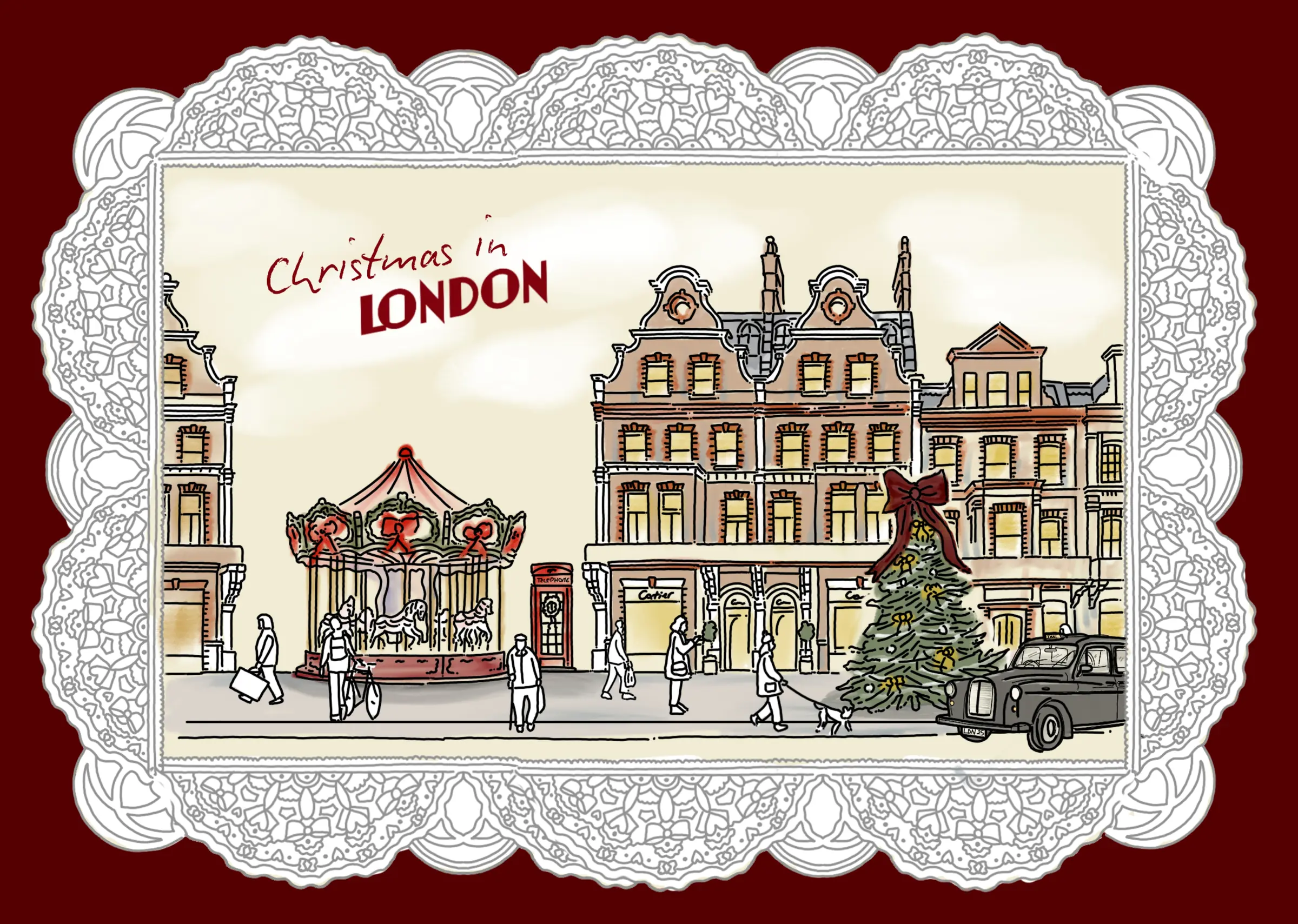 Christmas in London, drawn by hand: a carousel, a red telephone box, a tree with a bow and a black cab on a street of lit windows, inside a lace border