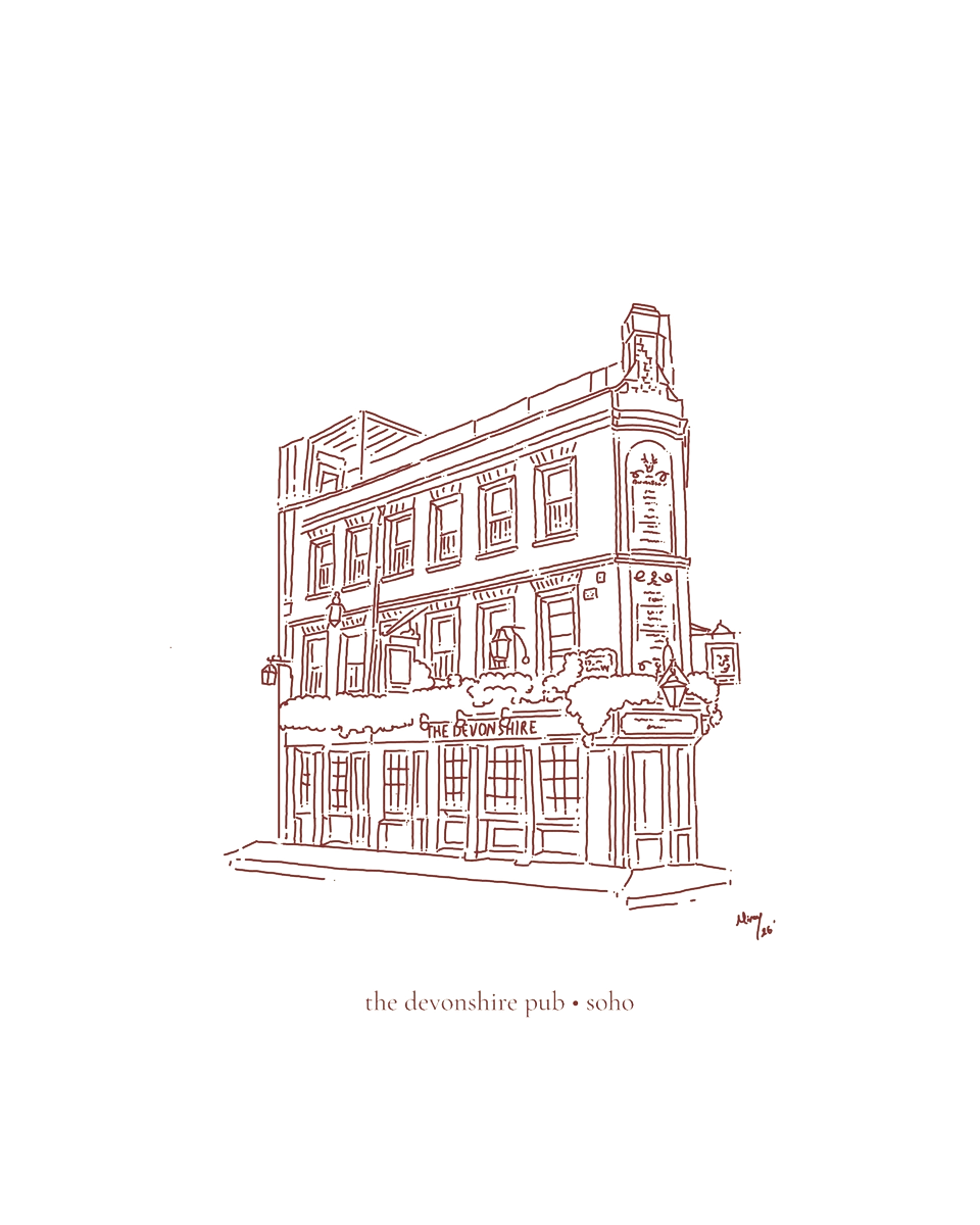 Miray’s burgundy line illustration of The Devonshire in Soho