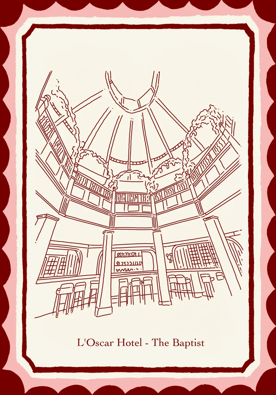 L’Oscar Hotel, The Baptist, drawn in burgundy line inside a scalloped frame