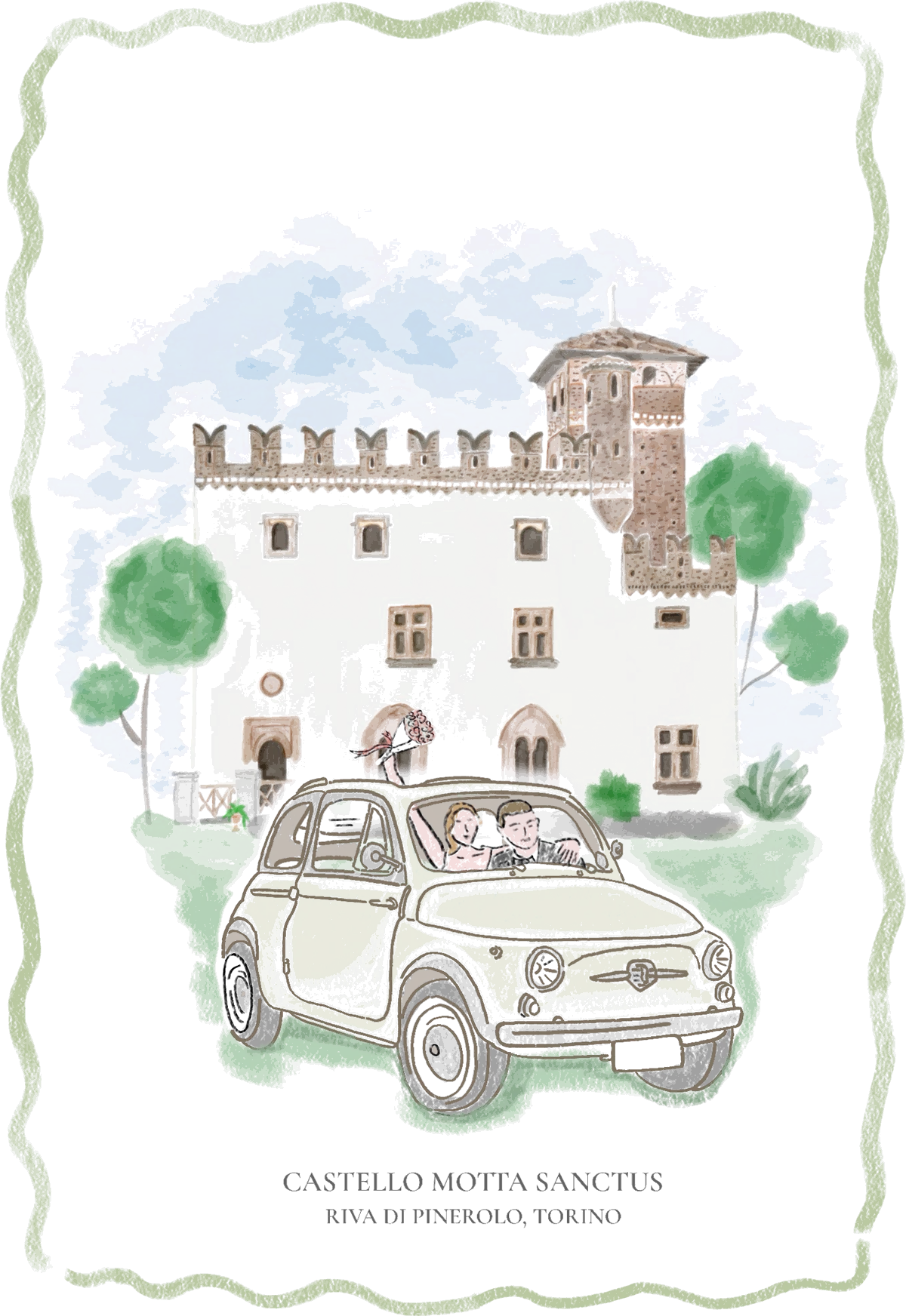 A watercolour of Castello Motta Sanctus with a little cream car in front, framed in a green wavy border