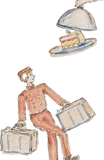 A bellboy carrying suitcases beneath a silver cloche with a slice of cake