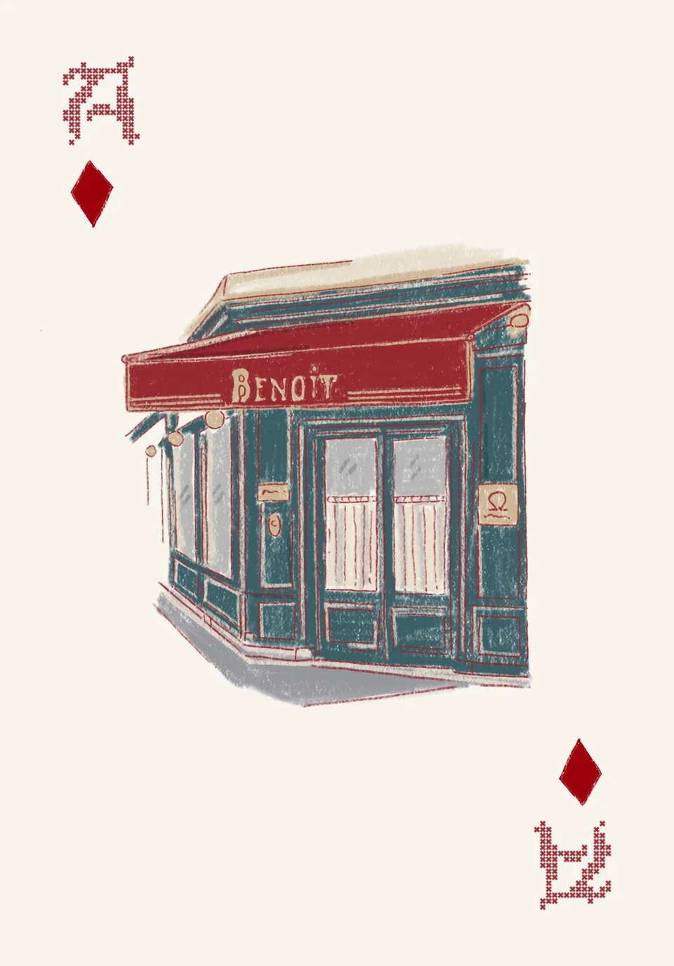 An ace of diamonds playing card drawn as a green bistro front with a red awning