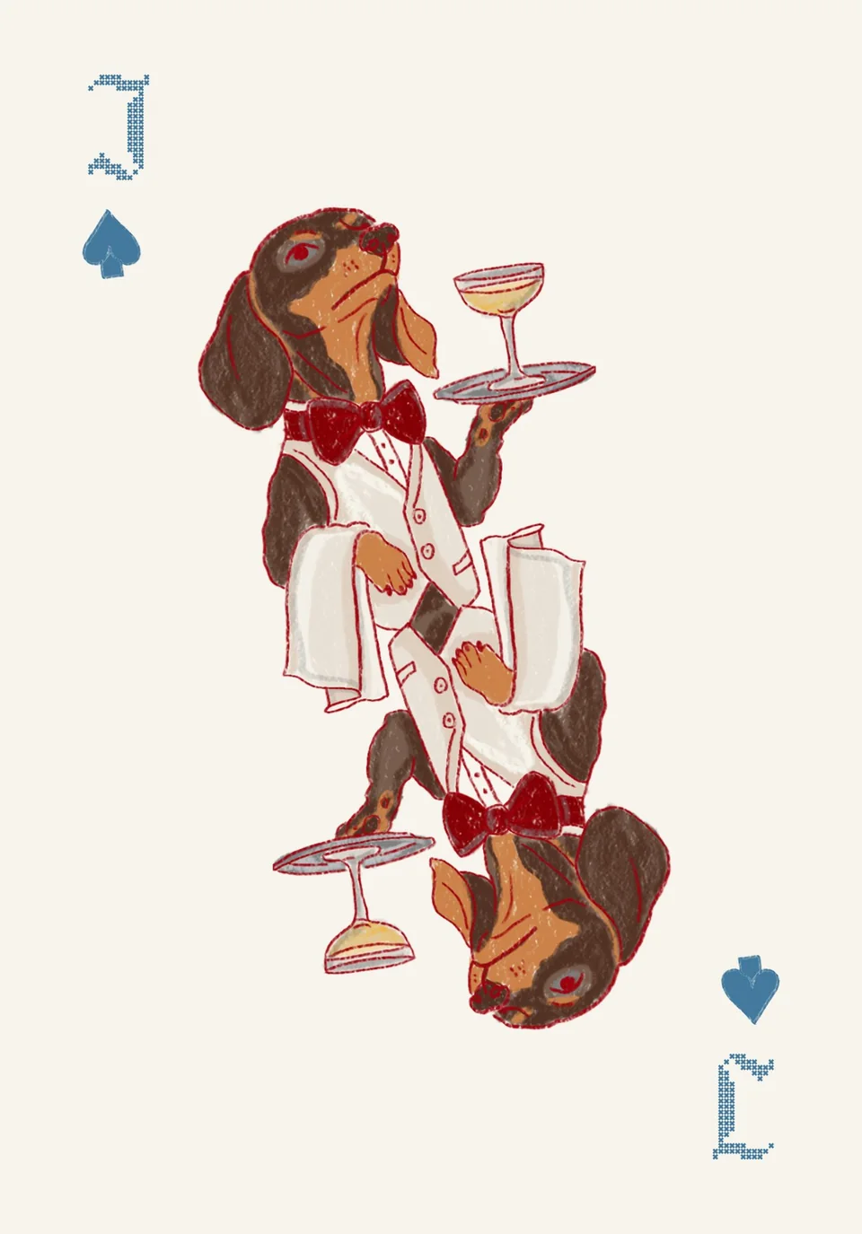A jack of spades playing card drawn as a dachshund in a waistcoat carrying a coupe on a tray
