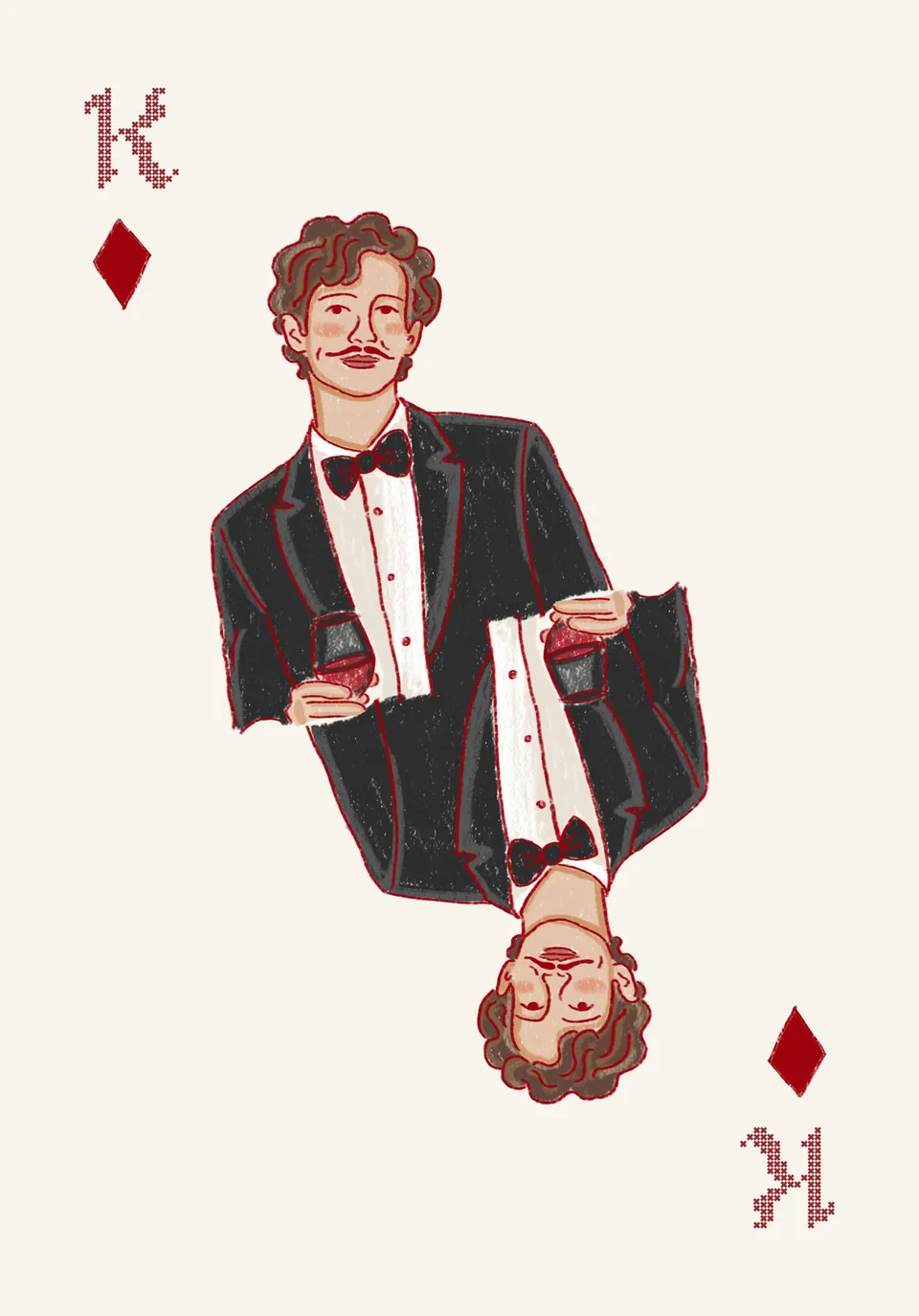 A king of diamonds playing card drawn as a man in black tie holding a glass of red wine