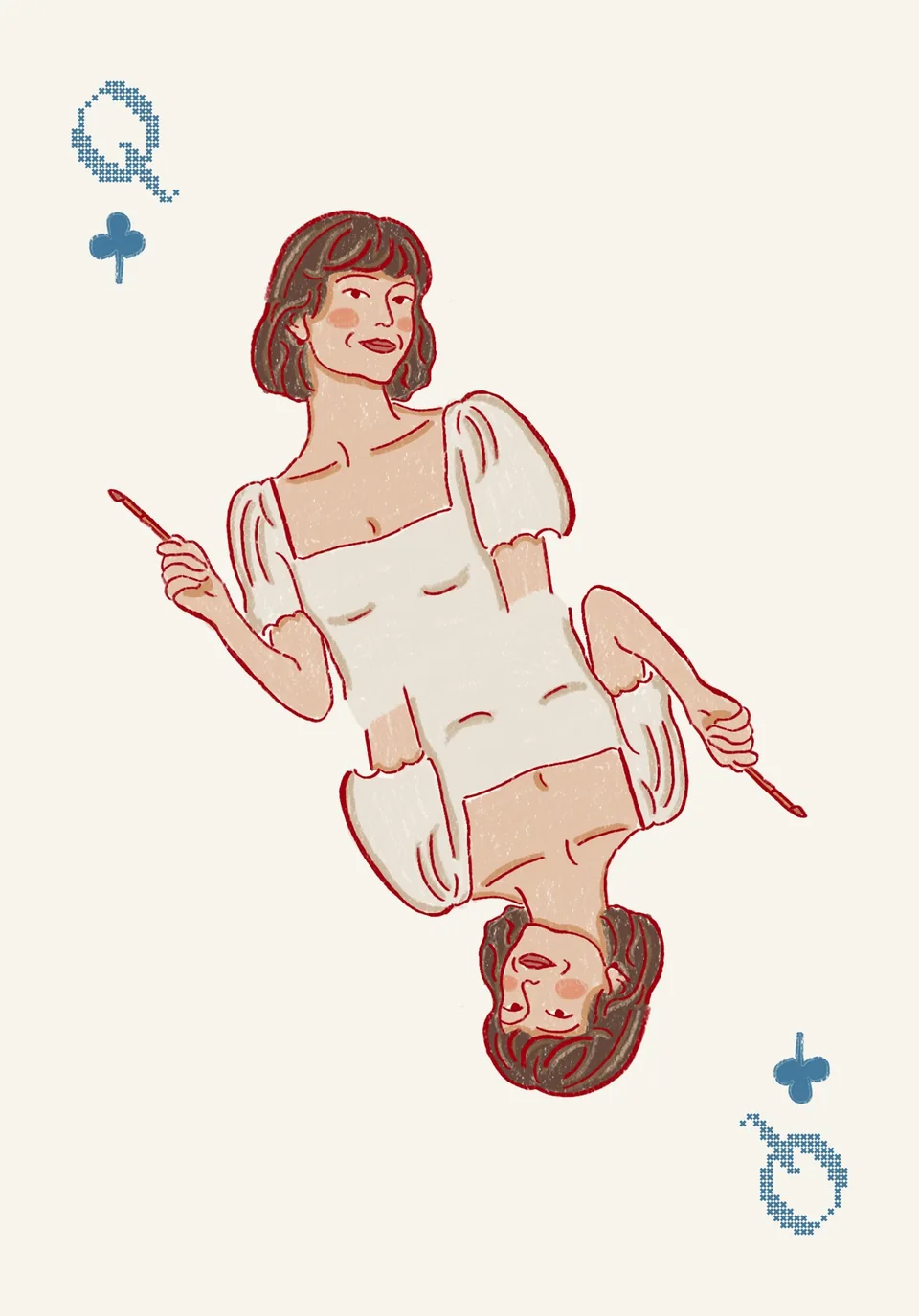 A queen of clubs playing card drawn as a woman in a white dress holding a paintbrush