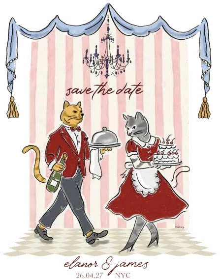 Two cats in service, one with champagne and one with a cake, on a save the date