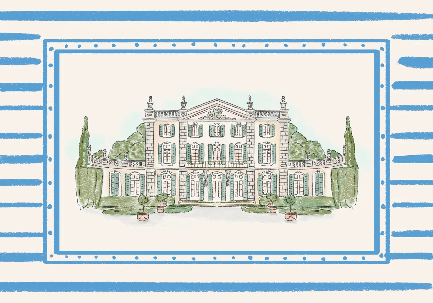 A château in watercolour framed by pale blue stripes