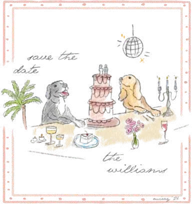 Two dogs sharing a tiered cake beneath a disco ball on a save the date