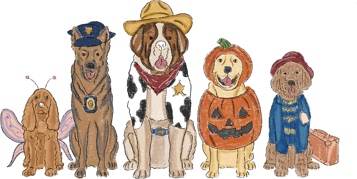 Five dogs dressed up in costumes, from a policeman to a pumpkin