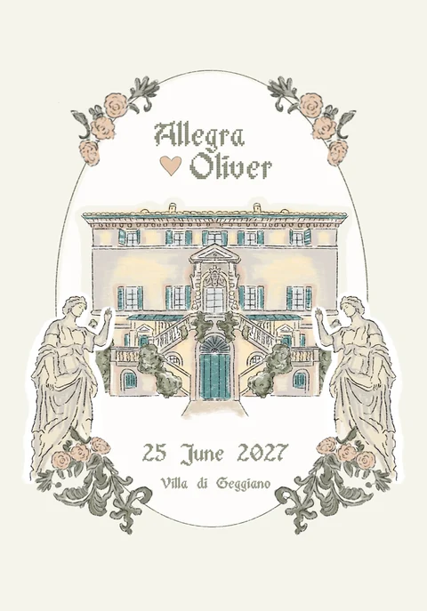 The back: a tuscan villa, with two names, from a deck drawn for an Italian wedding