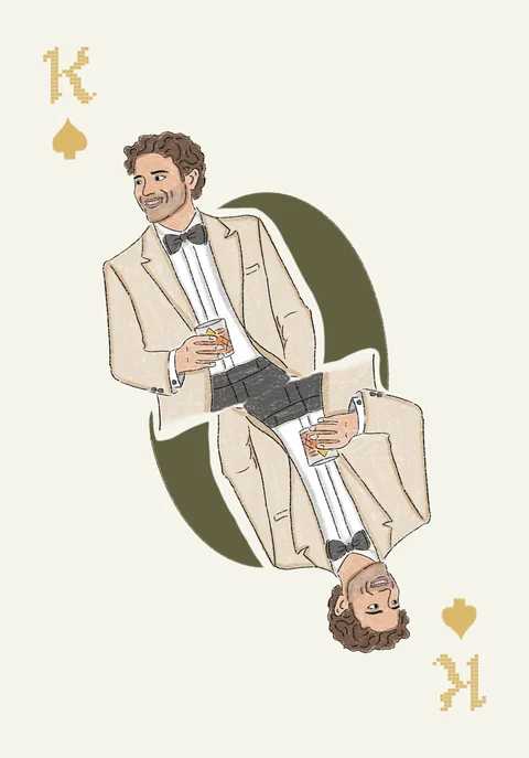 King of spades: the groom, in a cream dinner jacket, from a deck drawn for an Italian wedding
