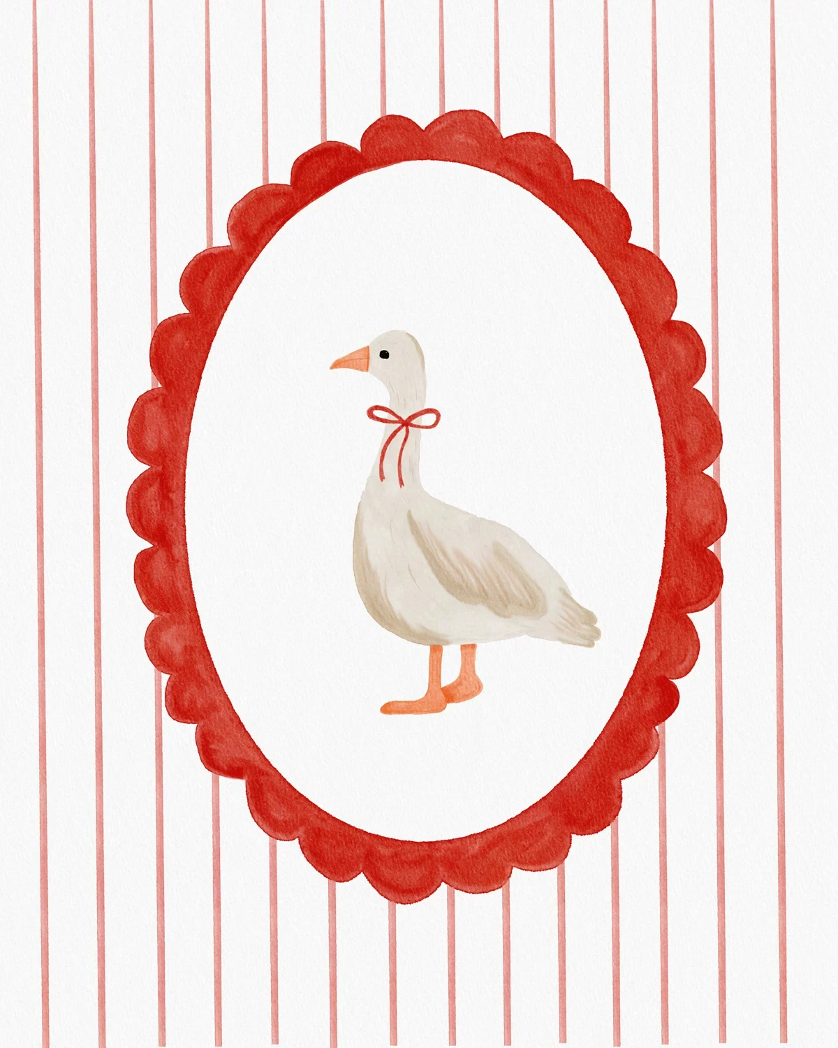 A white goose with a red bow inside a red scalloped oval