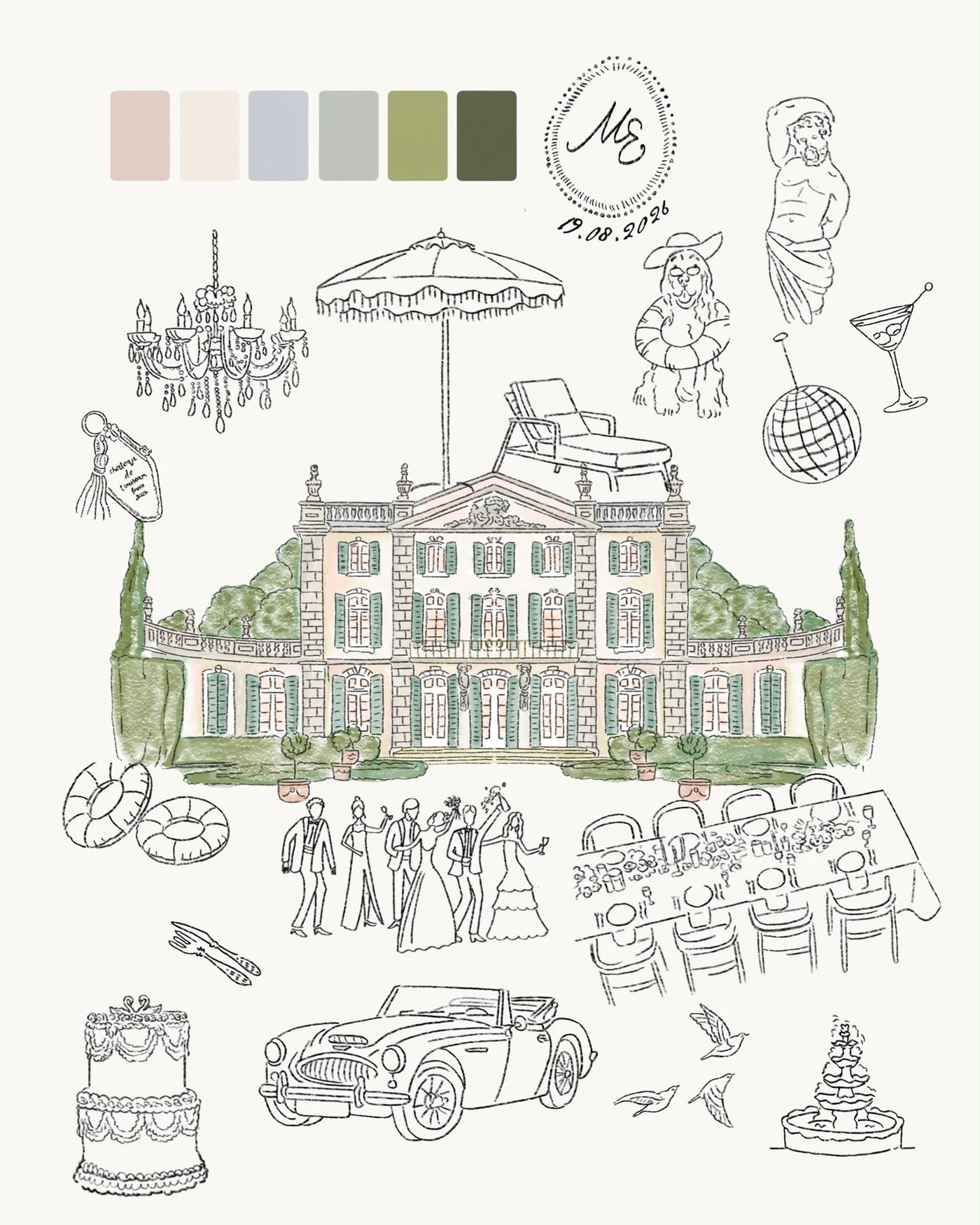 A whole wedding world drawn as one piece: a château, guests, a car and a cake