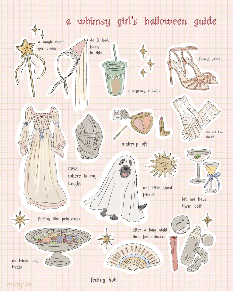 A page of small illustrated objects for Halloween on pink graph paper