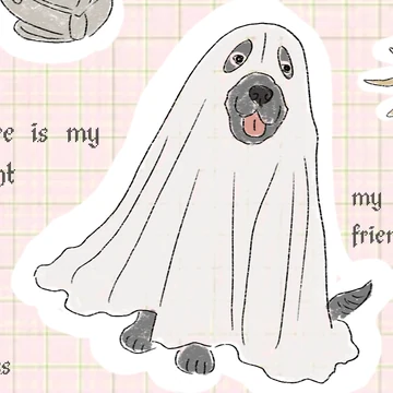 Detail: a dog under a white sheet, drawn as a little ghost