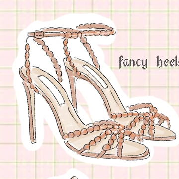 Detail: a pair of beaded heels beside the words fancy heels