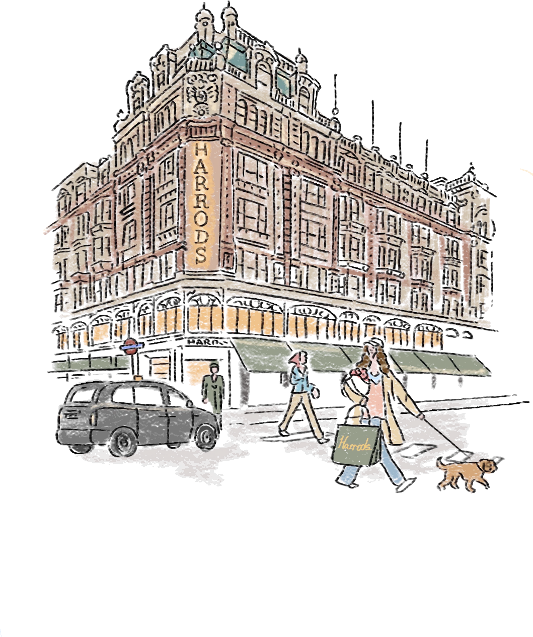 Harrods in pen and watercolour, a black cab and a walker with a dog outside