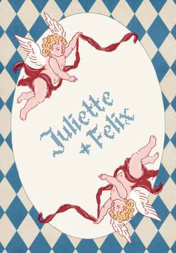 The back of a playing card with cherubs and two names in blue