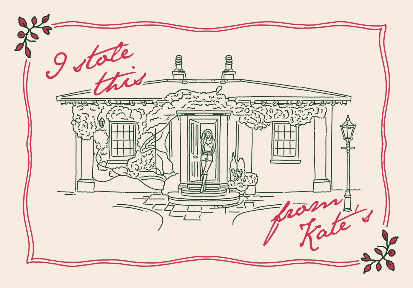 A pen drawing of a house front framed in a red hand-drawn border