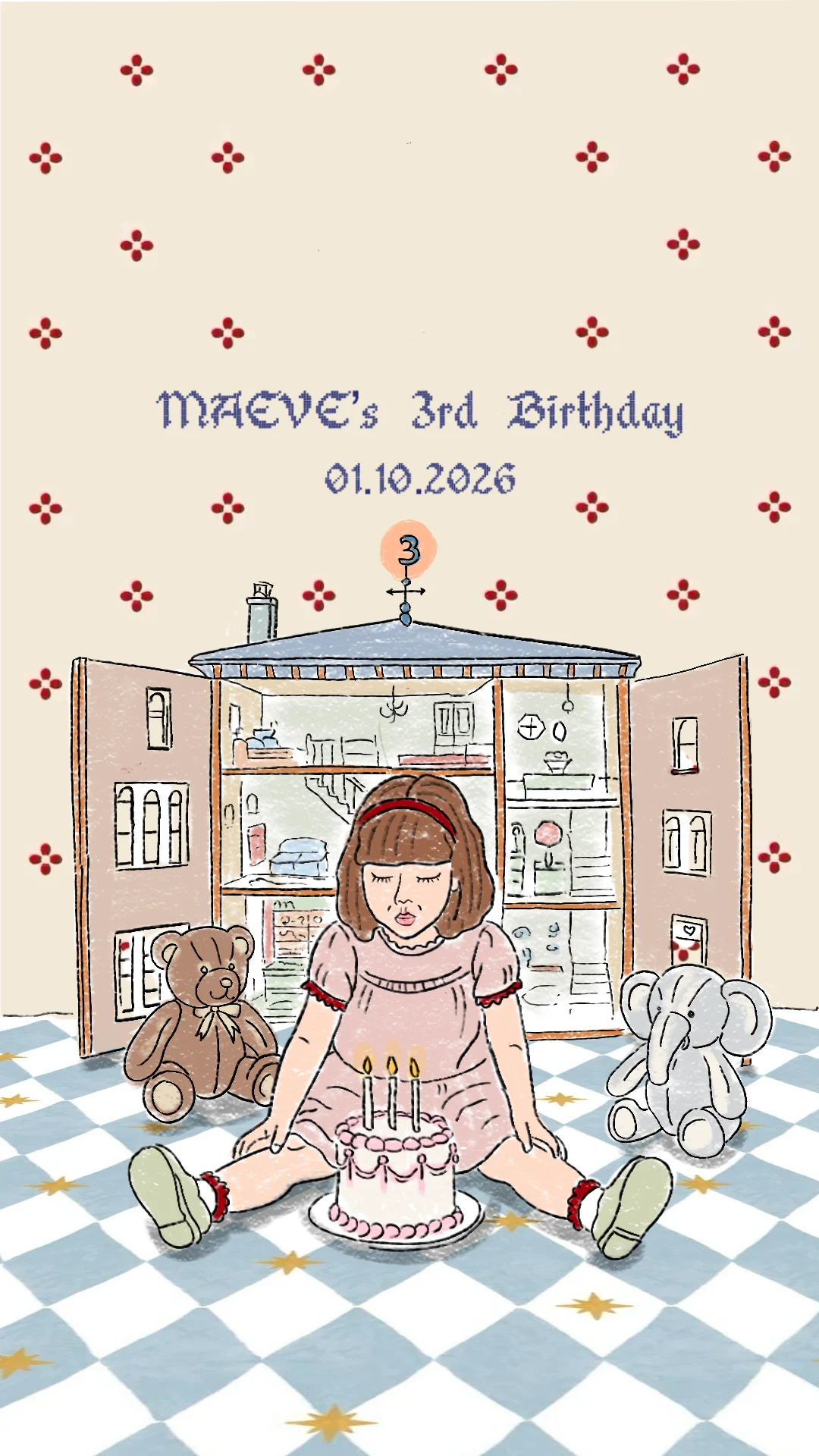 A girl blowing out three candles on a checked floor for a third birthday