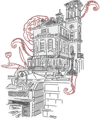 A Victorian building drawn in pen, with a red octopus curling around it