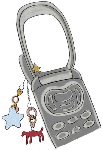 A silver flip phone with a star and a little red dog hanging from it