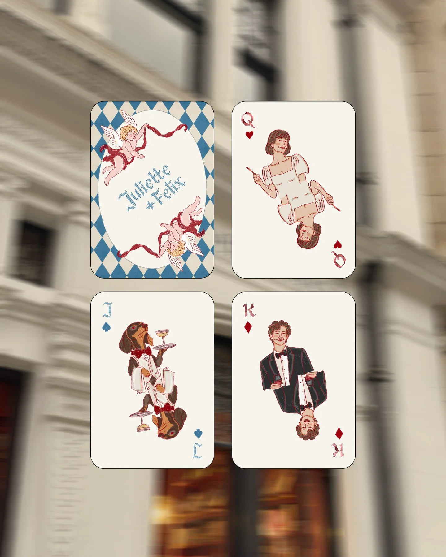 Four illustrated playing cards: a back with two names, a queen, a jack drawn as a dachshund and a king