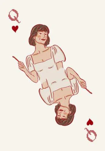 A queen of hearts playing card drawn as the bride