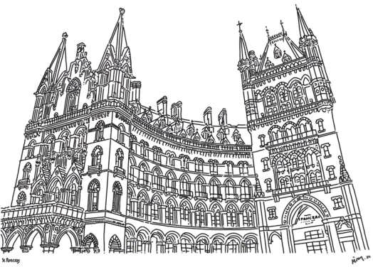 St Pancras drawn in fine black line