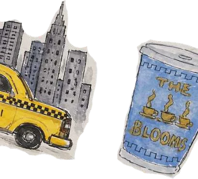 A New York taxi, the skyline and a blue coffee can