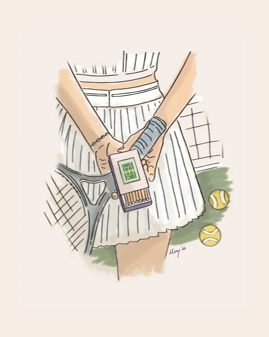 A tennis player's hands holding a racket and a green matchbox, drawn in ink and soft colour