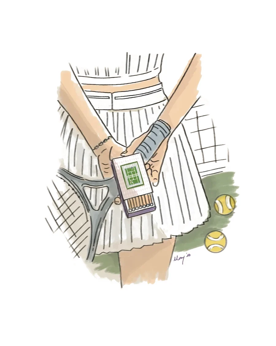A tennis player's hands holding a racket and a green matchbox, drawn in ink and soft colour