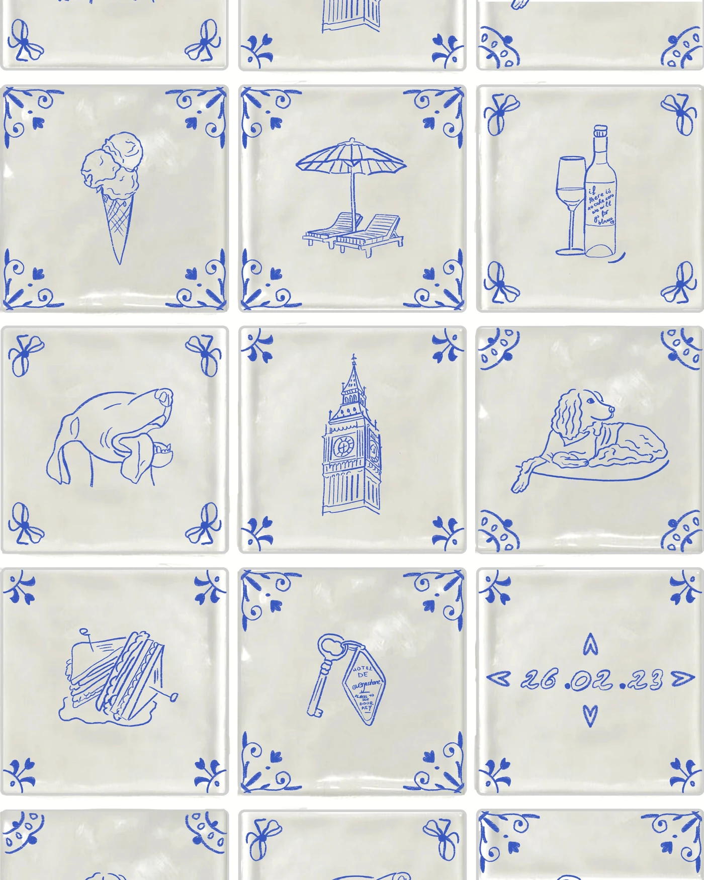 A Dutch tile print of nine small objects drawn in one blue line