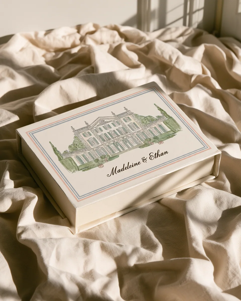 A large matchbox with a green venue illustration on linen