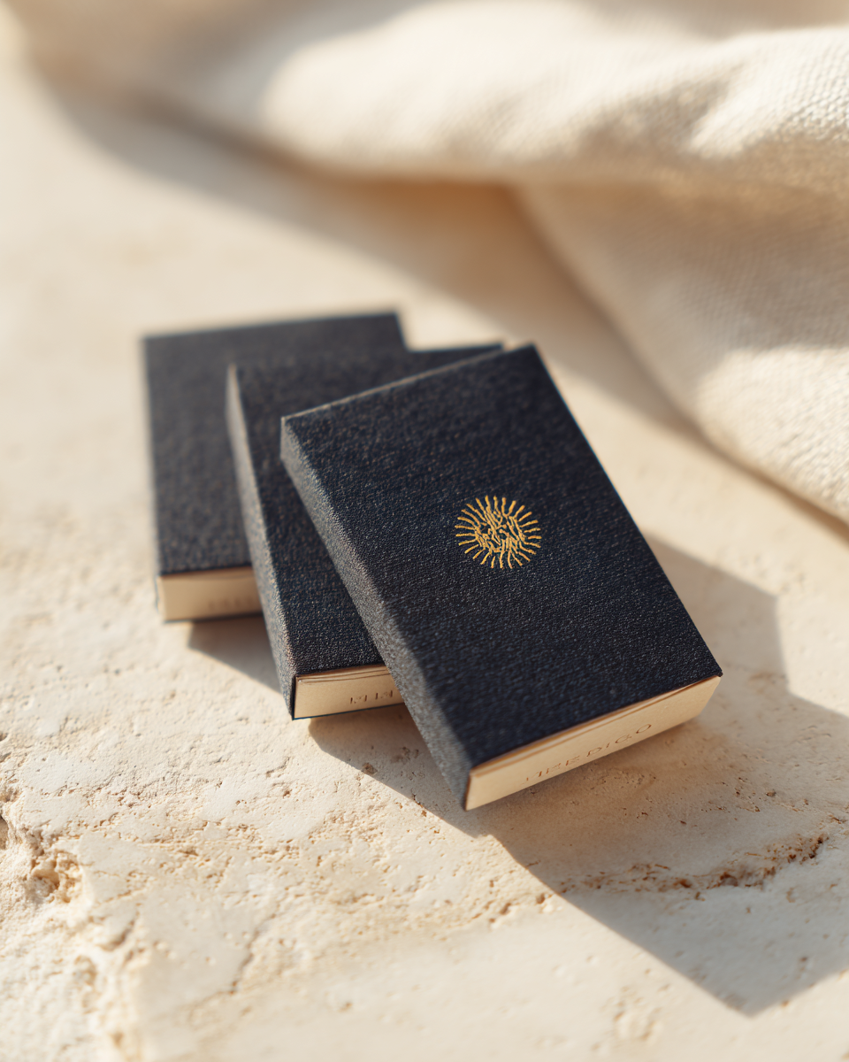 Black linen matchboxes finished with a small gold motif