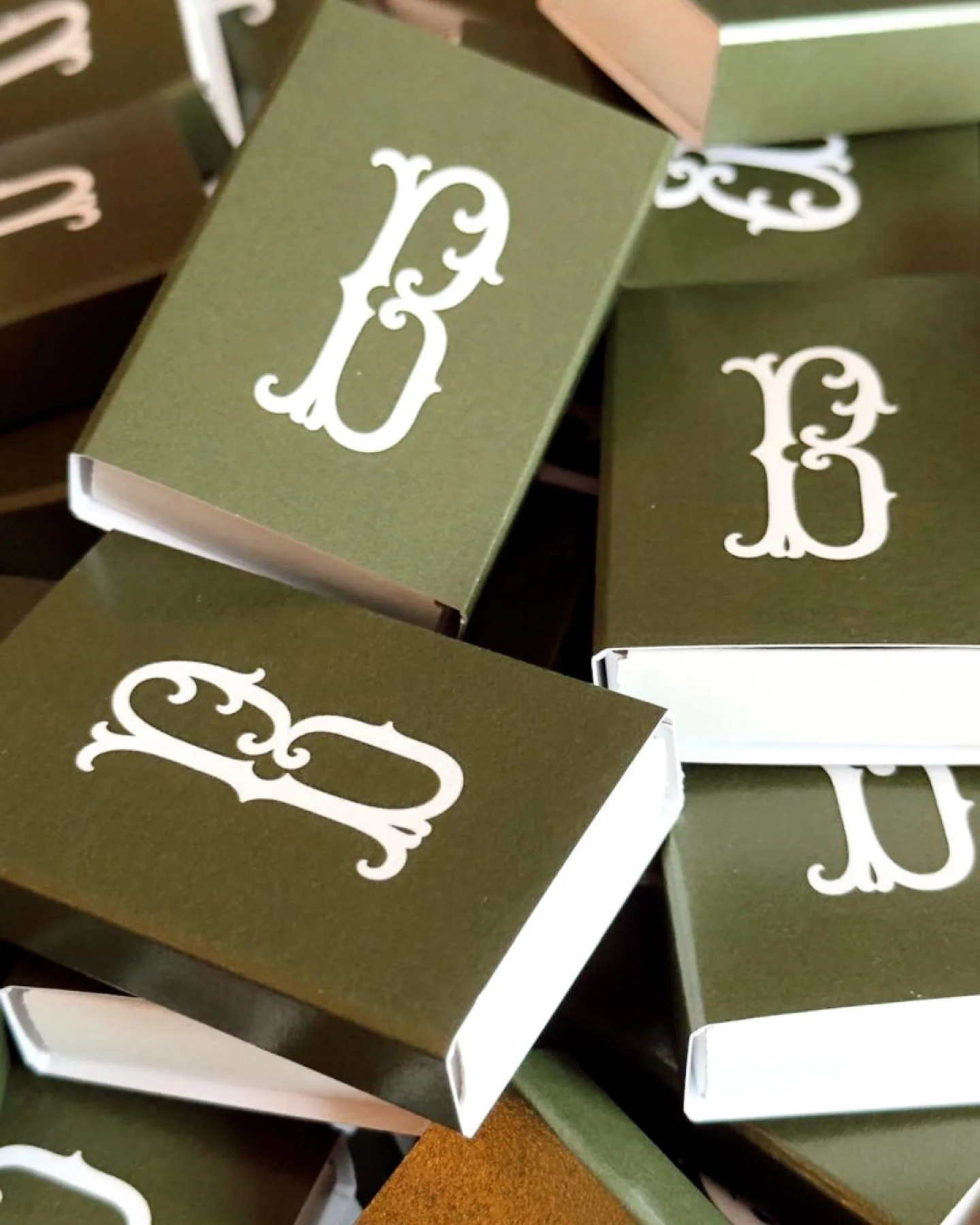 Olive green monogrammed bespoke matchboxes