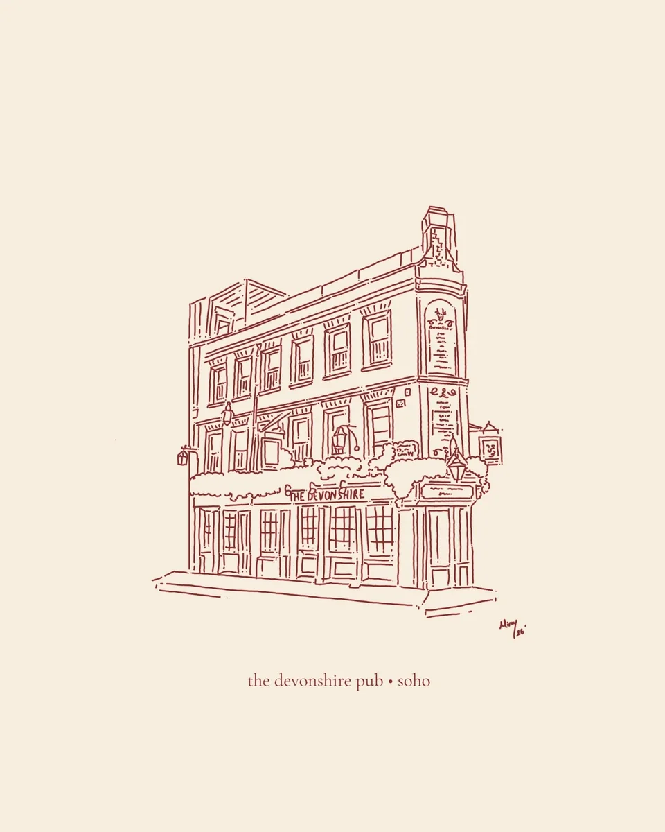A burgundy line drawing of The Devonshire in Soho
