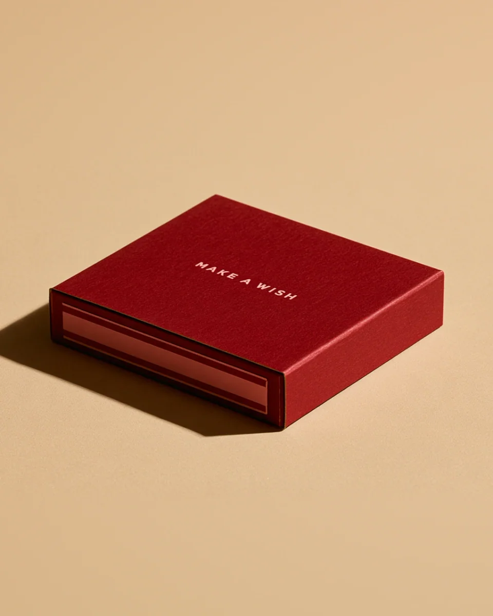 A large burgundy matchbox lettered Make a Wish, resting on warm sand-coloured paper