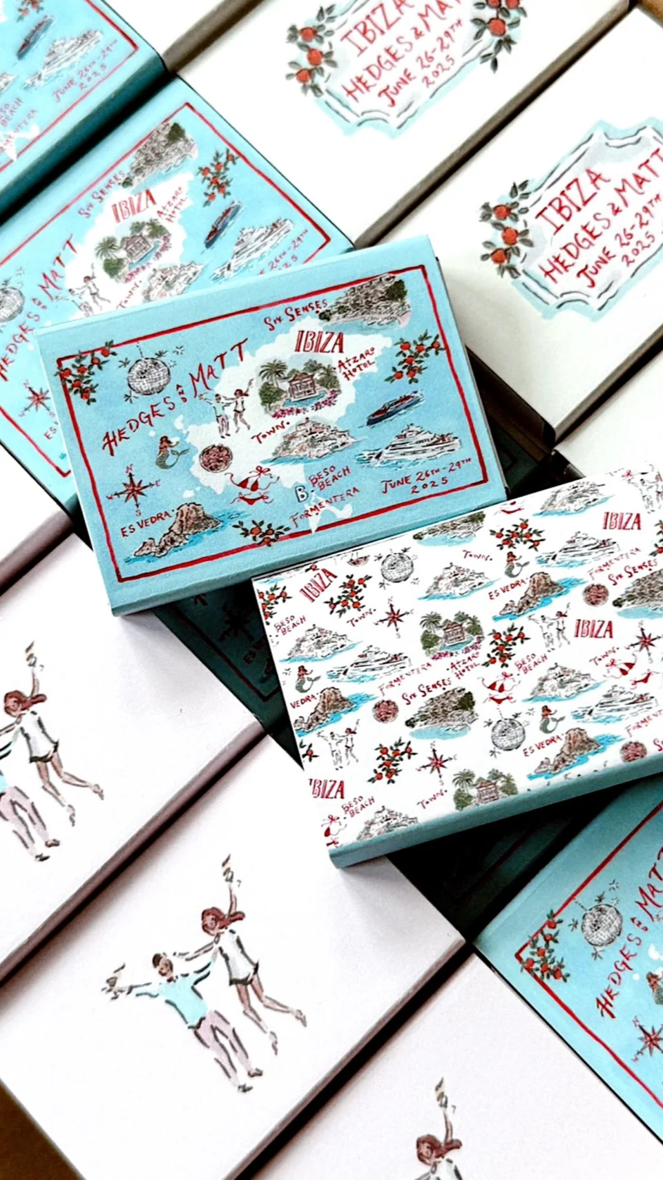 Turquoise wedding matchboxes illustrated with a map of Ibiza