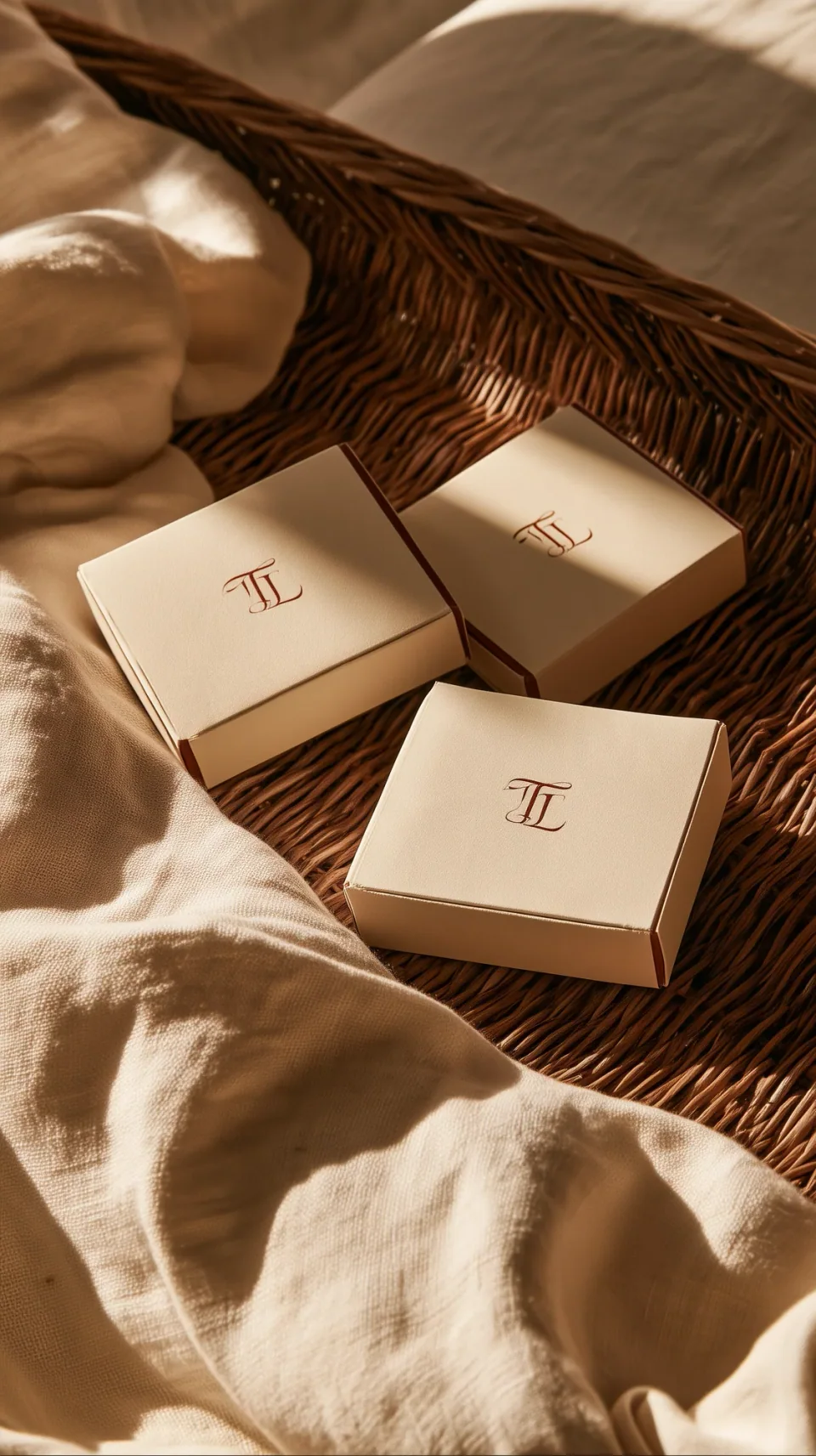 Three monogrammed large matchboxes on linen