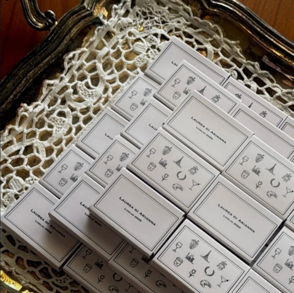 Personalised wedding matchboxes drawn with small Italian icons