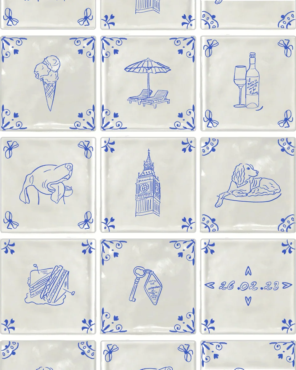 A collection of hand illustrated blue and white Dutch tile prints