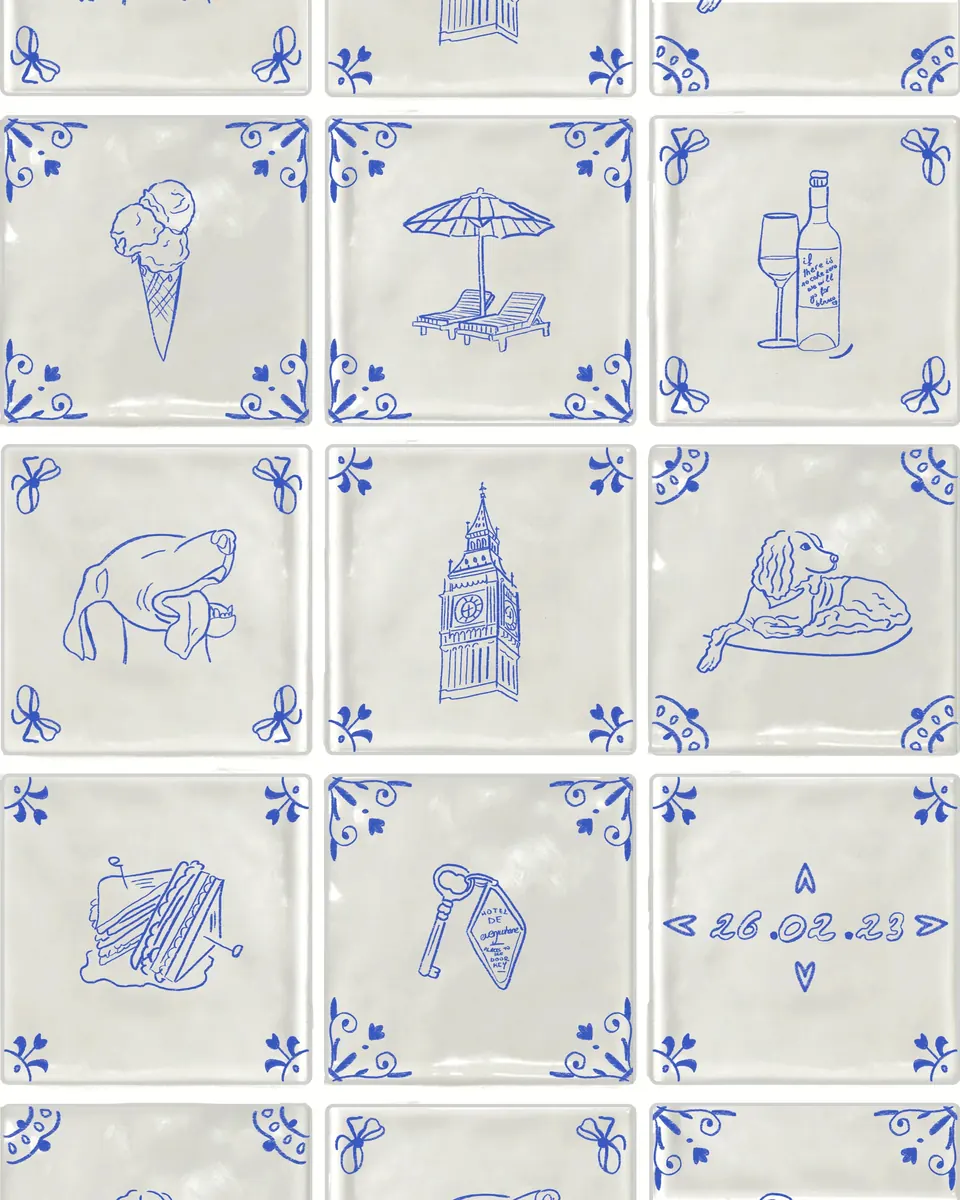 A collection of hand illustrated blue and white Dutch tile prints