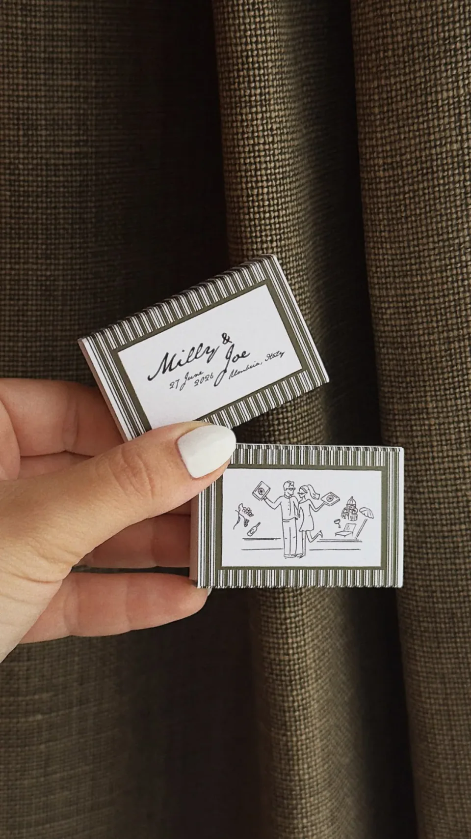 Olive striped matchboxes with names in script and a line drawing of a couple with pizza boxes