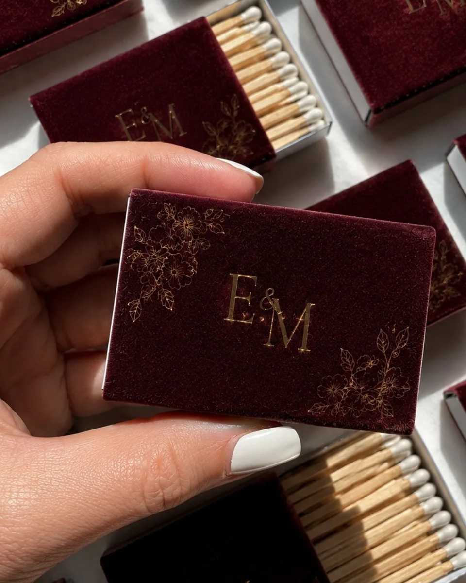 Burgundy bespoke matchboxes with elegant foil details created for a brand event