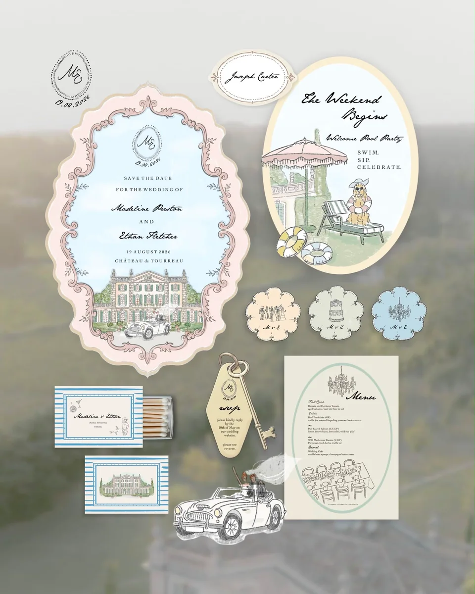 A celebration suite of illustrated paper pieces from the studio