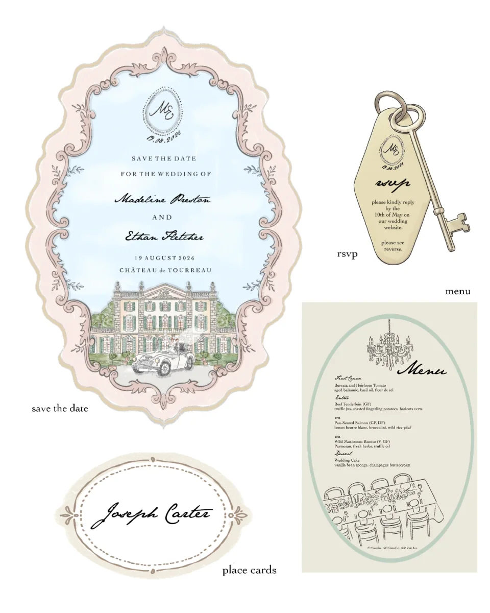 A hand-illustrated wedding suite for Château de Tourreau: save the date, RSVP key tag, menu and place card