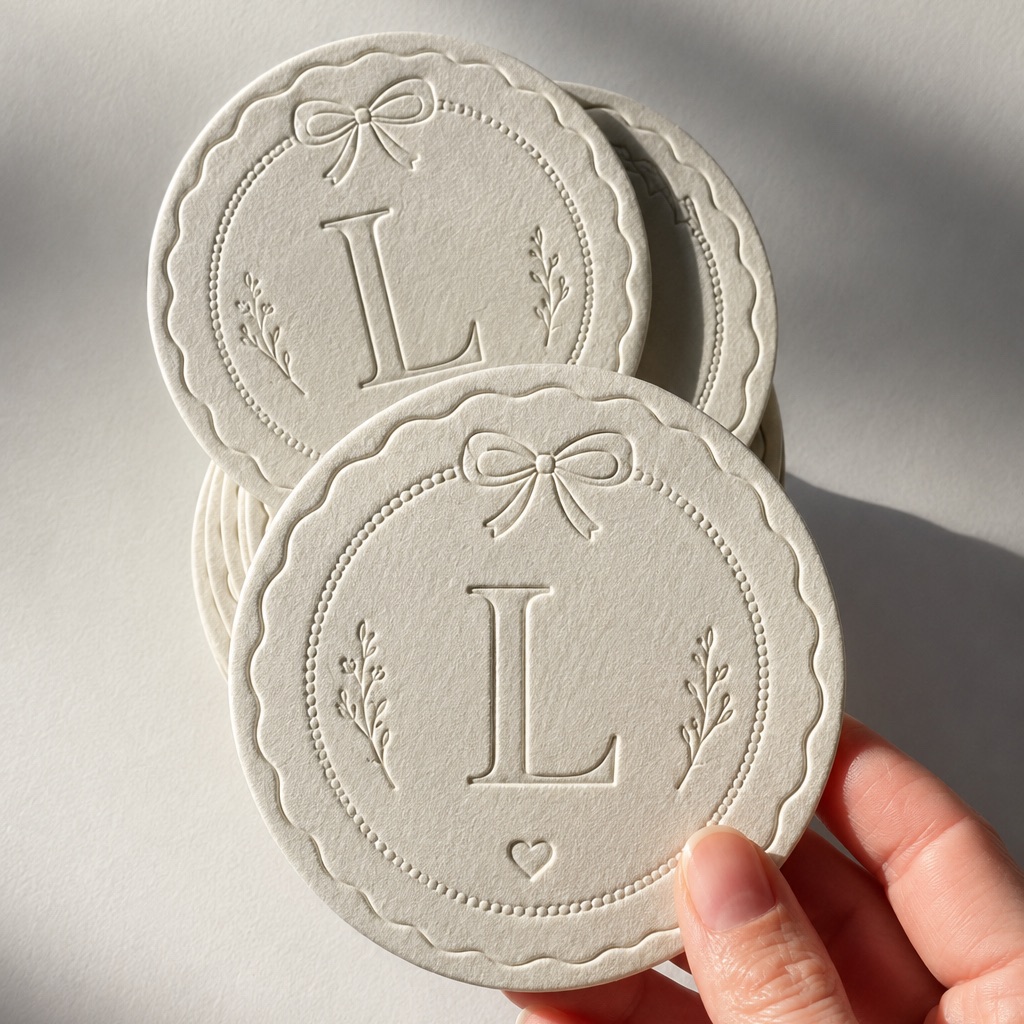 Embossed round coasters with a quiet monogram